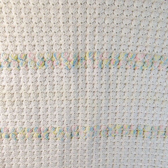 Vintage Handmade Crocheted Baby Blanket 54x32 Pastel Fringe Nursery Decor - Picture 9 of 13